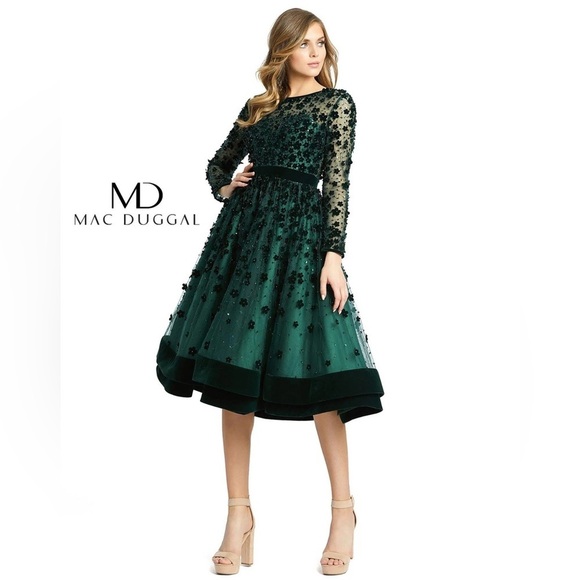 Mac Duggal Embellished Illusion High Neck Long Sleeve Fit & Flare Dress size XL - Picture 2 of 9